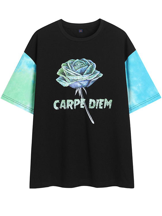 Men Rose And Letter Print Color Block T-shirt