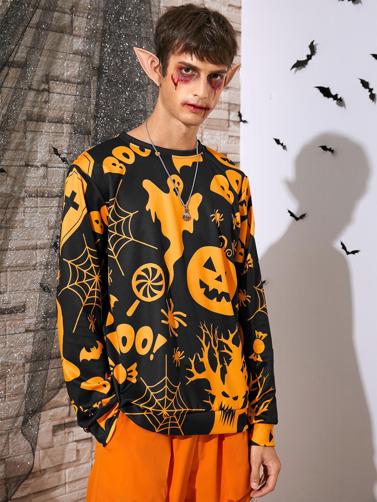 Men Halloween Crew Neck Cartoon Pumpkin Print Long Sleeve Sweatshirt