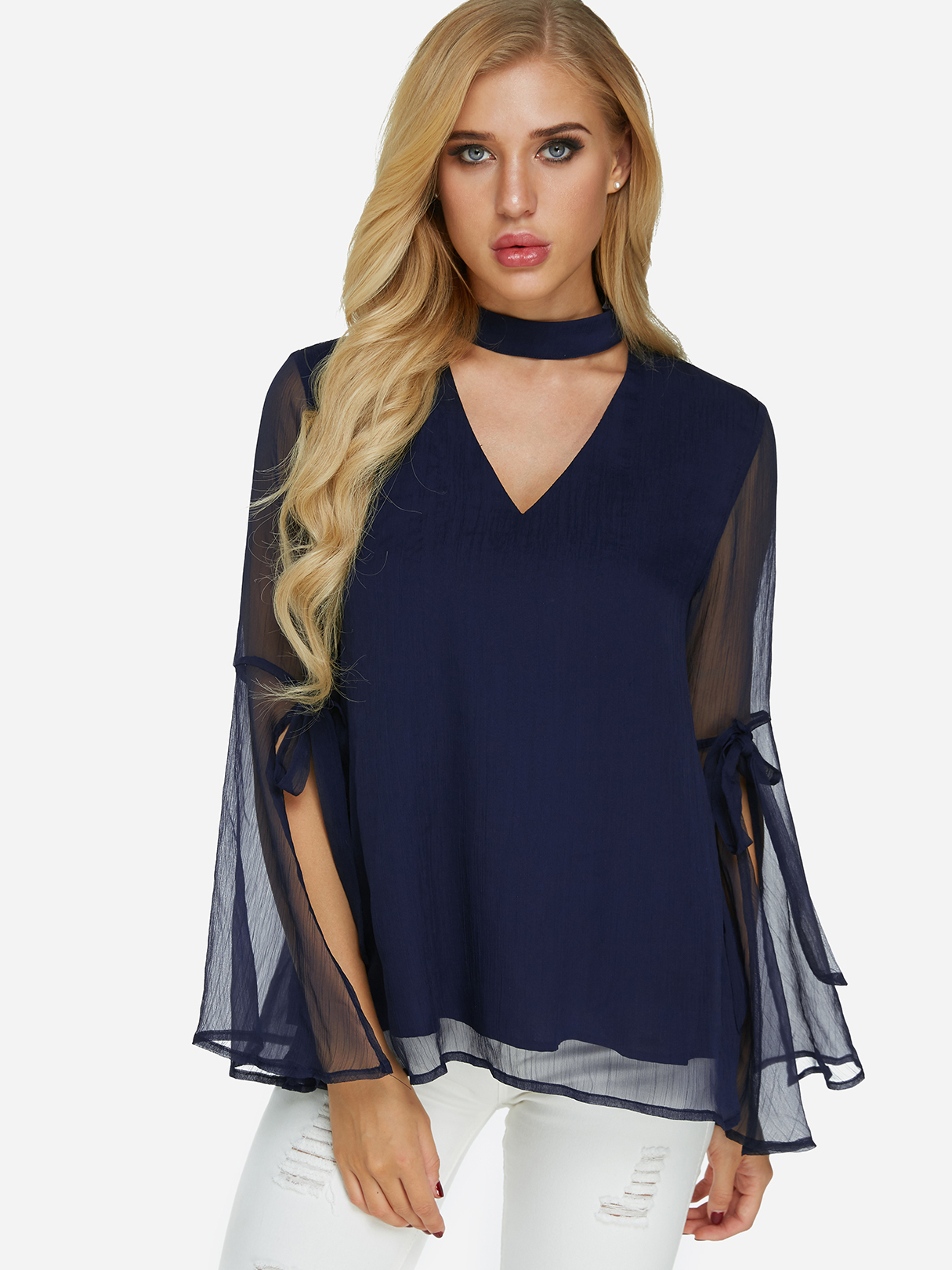 Navy Tiered See Through Design Cut Out Perkins Collar Slit Long Sleeves Blouse