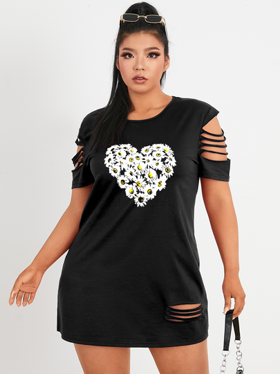 Plus Size Crew Neck Calico Cut Out Short Sleeves Mini Dress