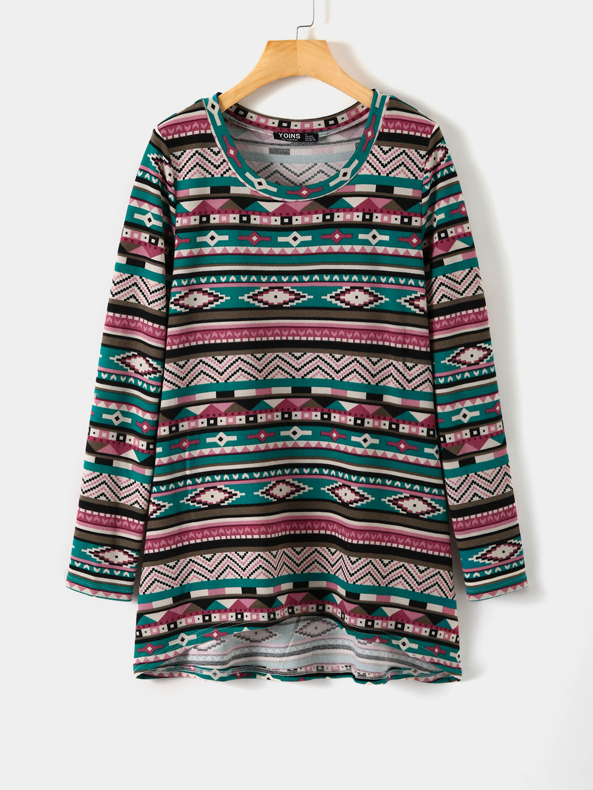 YOINS Navy Tribal Print Round Neck Knit Long Sleeves Tee
