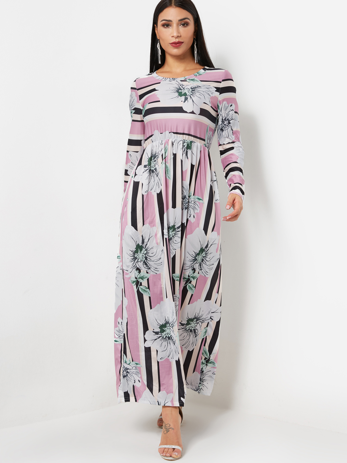Round Neck Long Sleeve Random Floral Print Maxi Dress in Pink