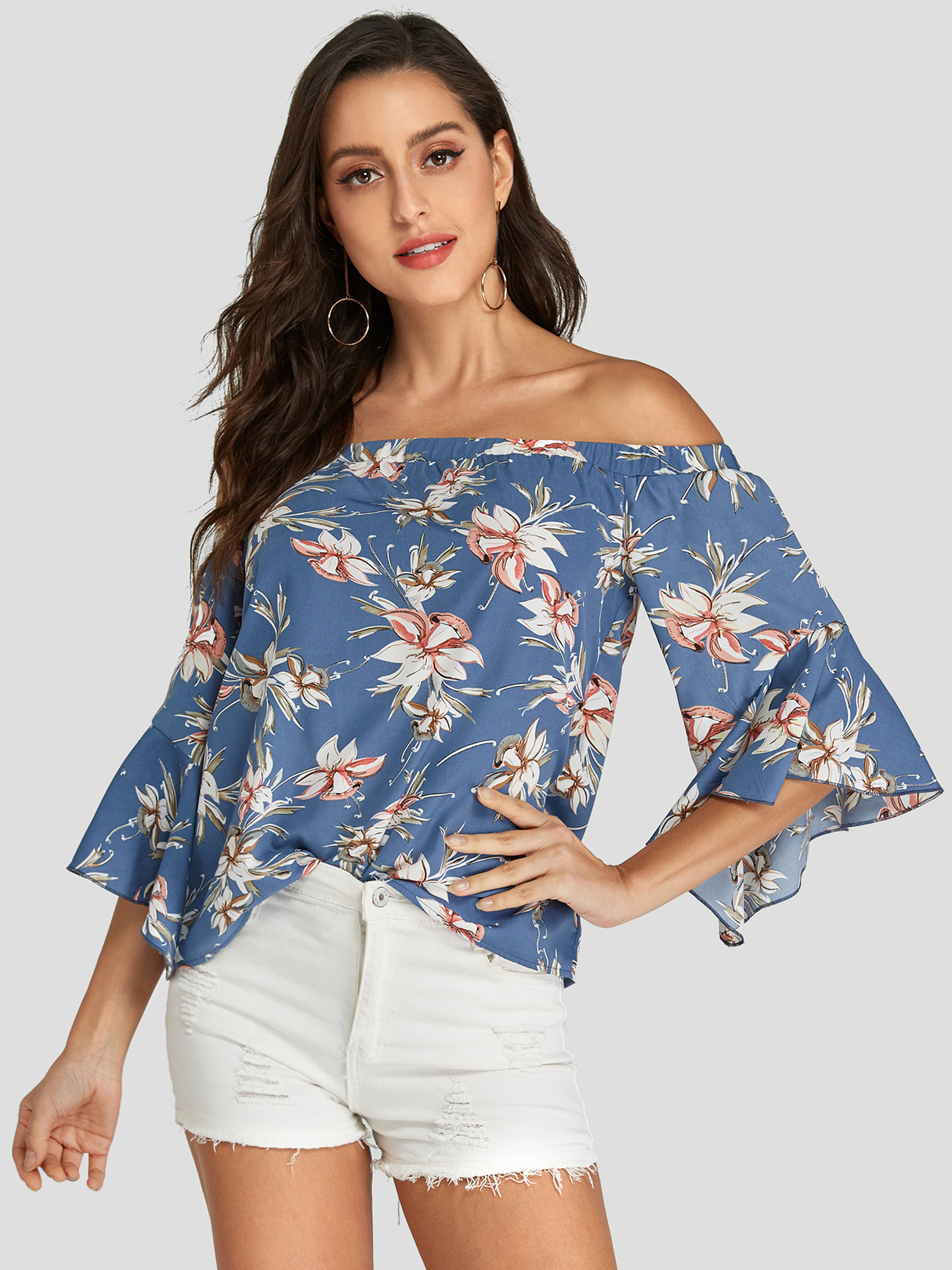 Blue Floral Print Off The Shoulder 3/4 Length Sleeves Blouse