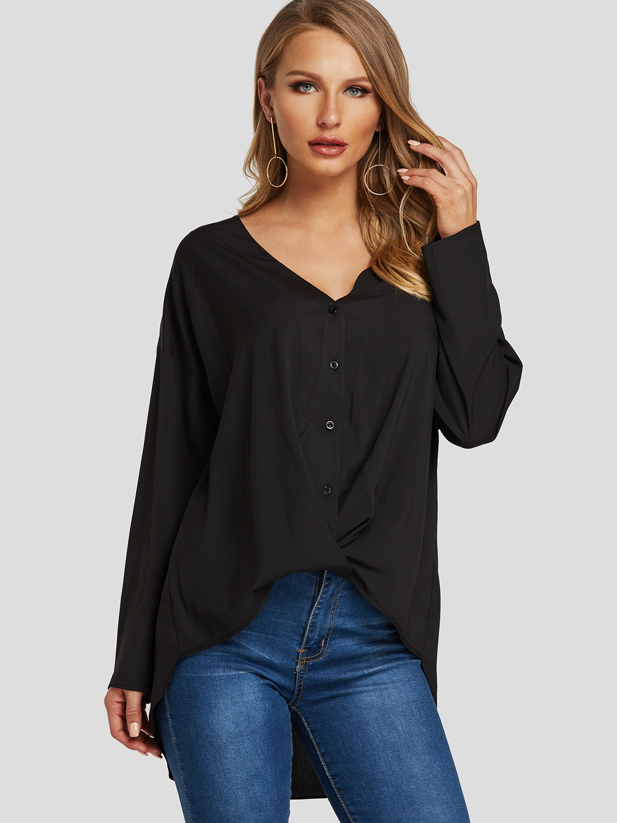 Black Button Design V-neck Twist Blouse