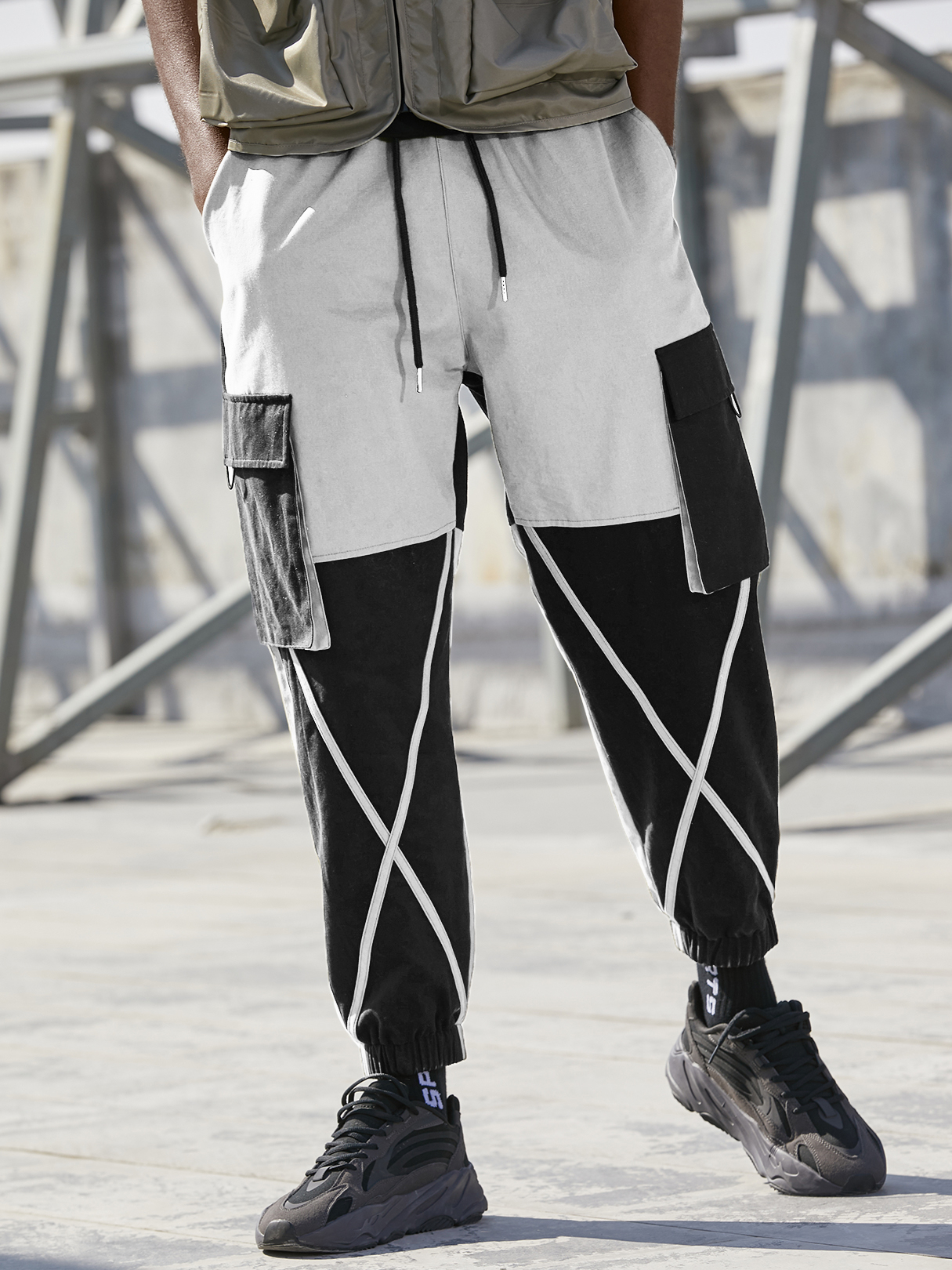 KOYYE Men Hip Hop Street Style Color Block Drawstring Cargo Pants