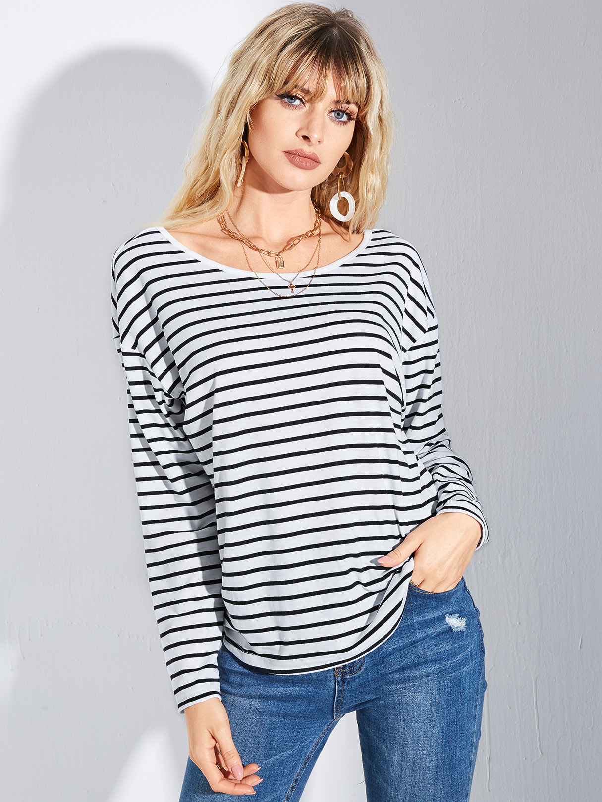 YOINS BASICS White Striped Round Neck Long Sleeves Tee