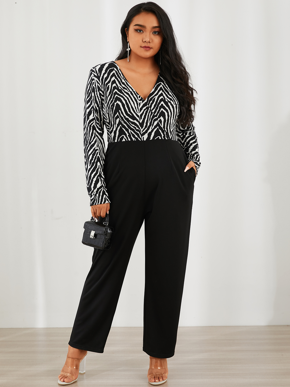 YOINS Plus Size V-neck Zebra Side Pockets Wrap Design Long Sleeves Jumpsuit