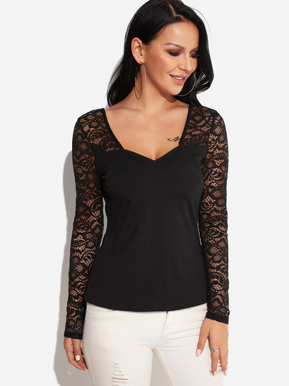 Lace Details V-neck Long Sleeves T-shirt in Black