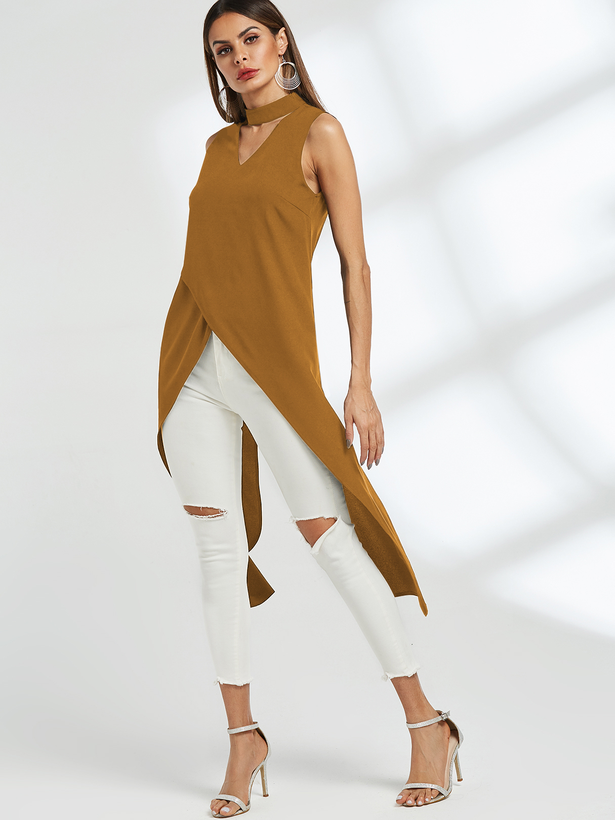 Yellow Choker Neck V-cut Cross Dip Hem Tank Top
