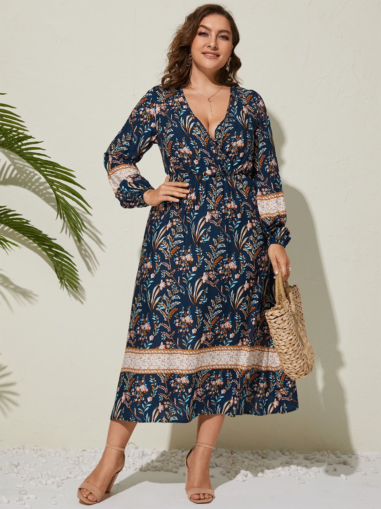 YOINS Plus Size Deep V Neck Tribal Long Sleeves Dress