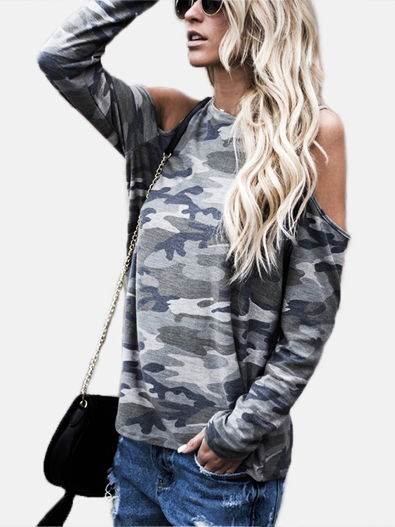Camouflage Round Neck Cold Shoulder Long Sleeves T-shirt