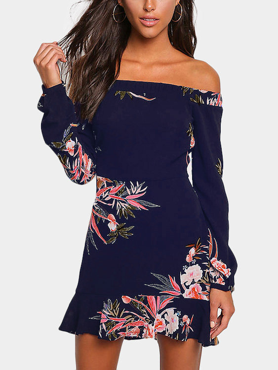 Navy Random Floral Print Off The Shoulder Mini Dress