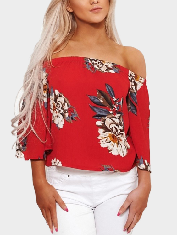 Red Random Floral Print Off Shoulder 3/4 Length Sleeves Blouse