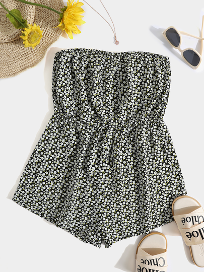 YOINS Black Tube Top Calico Elastic Waist Playsuits