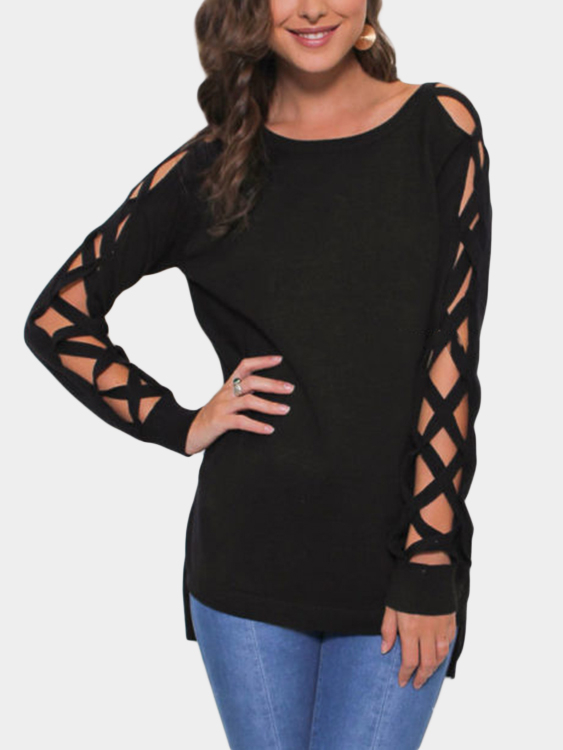 Black Cut Out Plain Scoop Neck Long Sleeves T-shirts