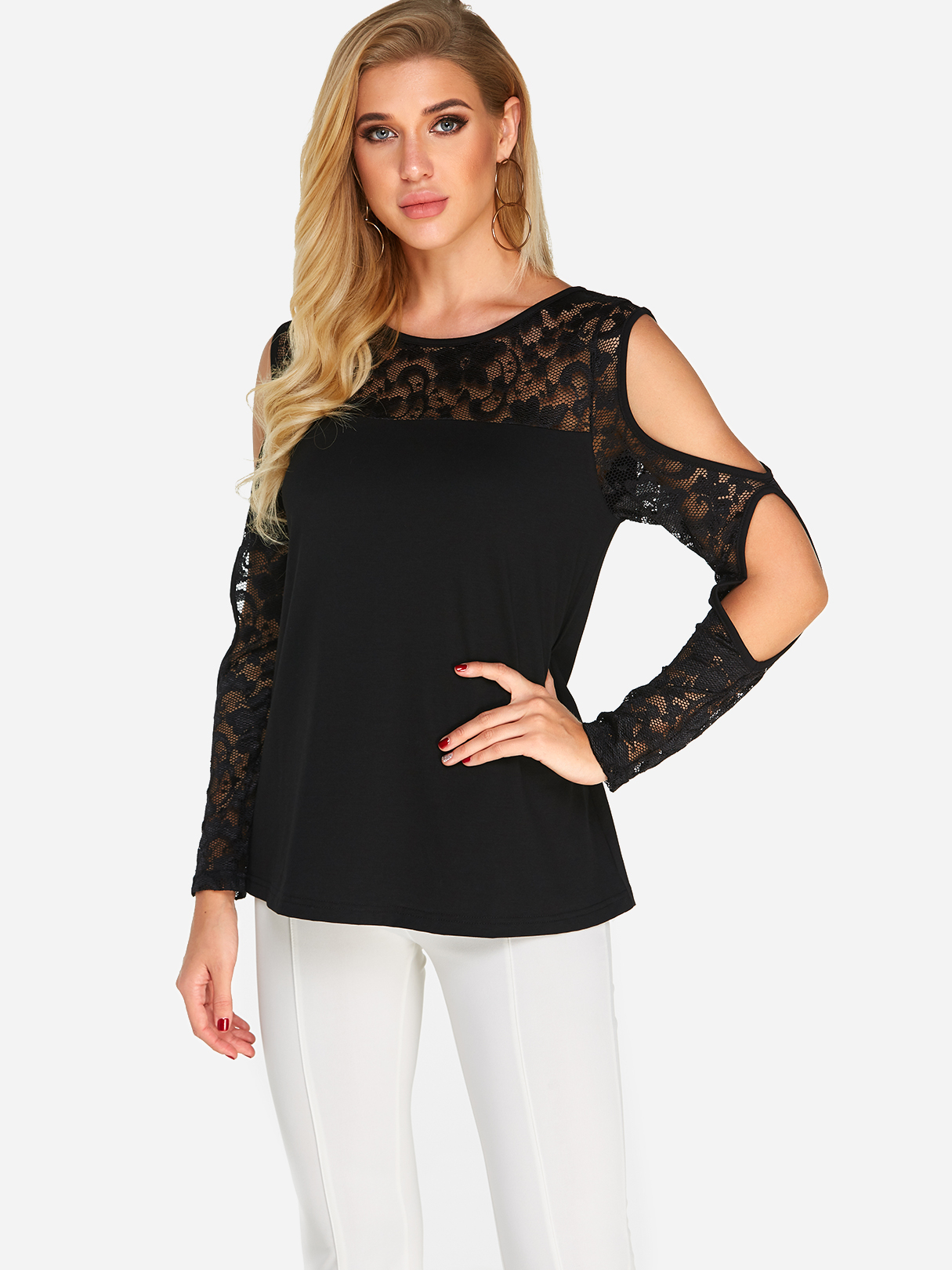Black Cut Out Lace Insert Long Sleeves T-shirt