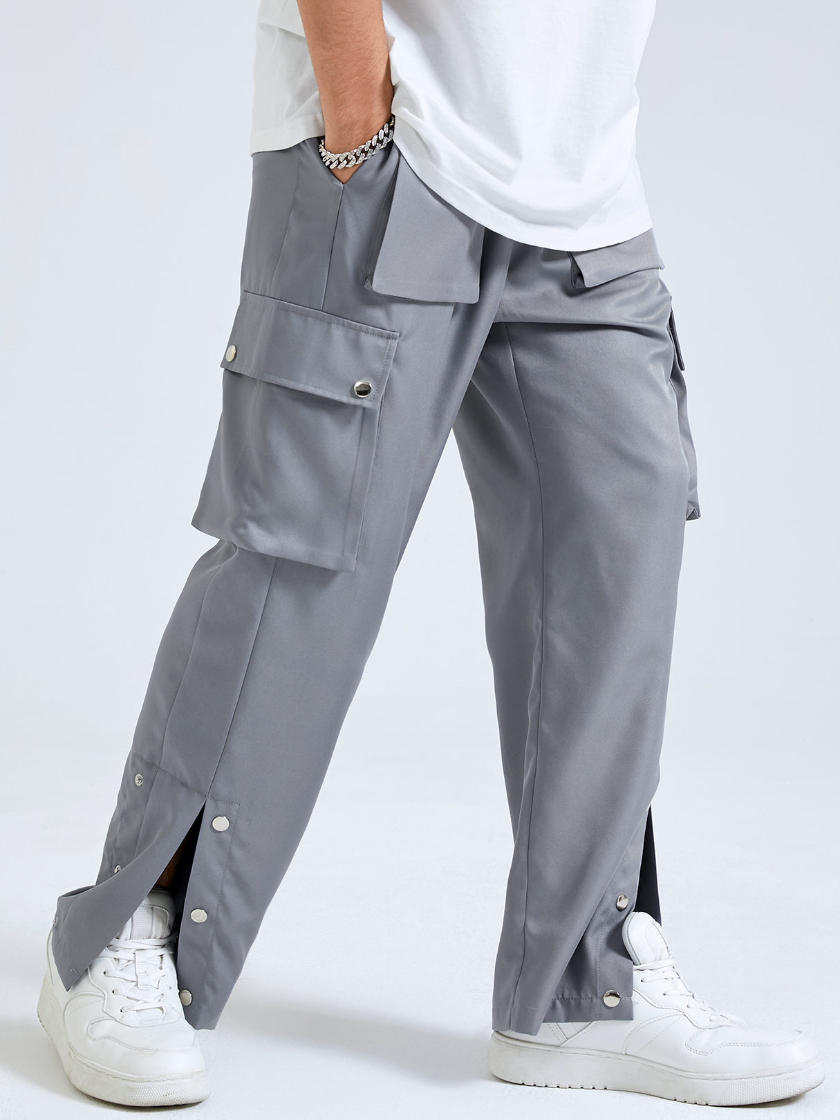 Men Plain Button Design Slit Straight Leg Casual Cargo Pants