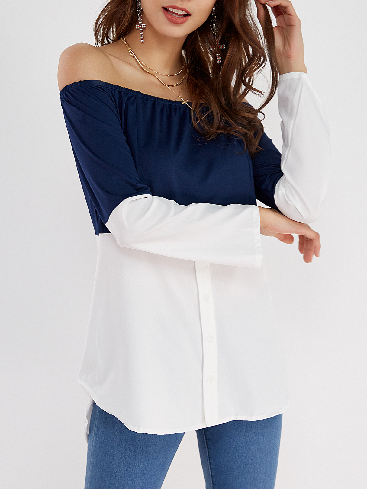 Navy & White Off Shoulder Long Sleeves T-shirt