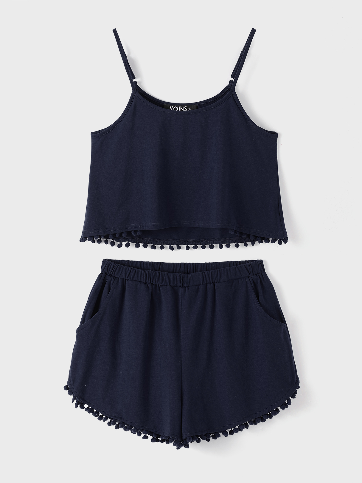 YOINS BASICS Navy Casual Sport Sleeveless Top and Elastic Waist Short Co-ord with Pom Pom Details