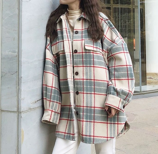 Souland - Blend-Wool Plaid Shirt Jacket - Blue/One Size