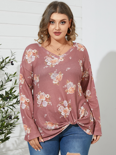 YOINS BASICS Plus Size V-neck Floral Print Twist Knit Long Sleeves Sweater