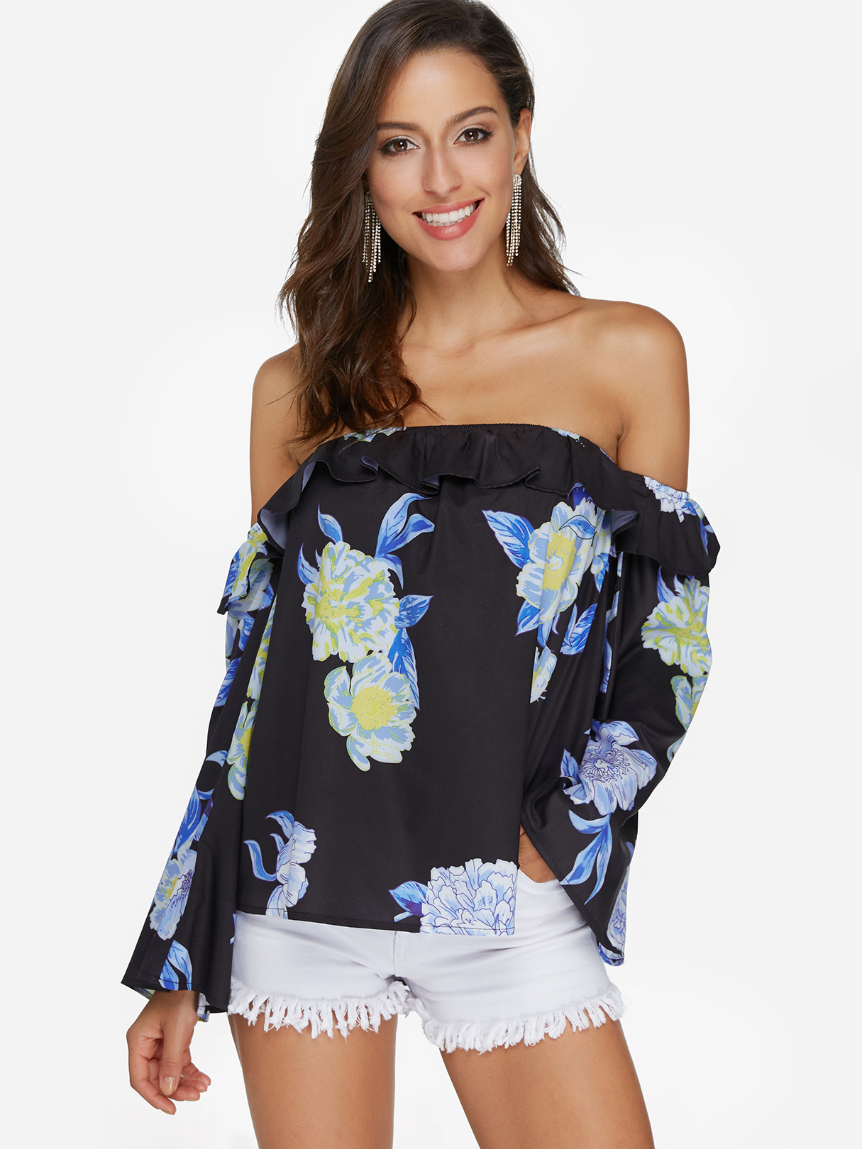 Black Flounced Design Random Floral Print Off The Shoulder Long Sleeves Blouse