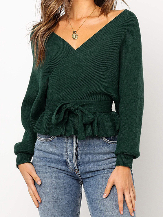 Green Backless Design Deep V Neck Wrap Knit Top