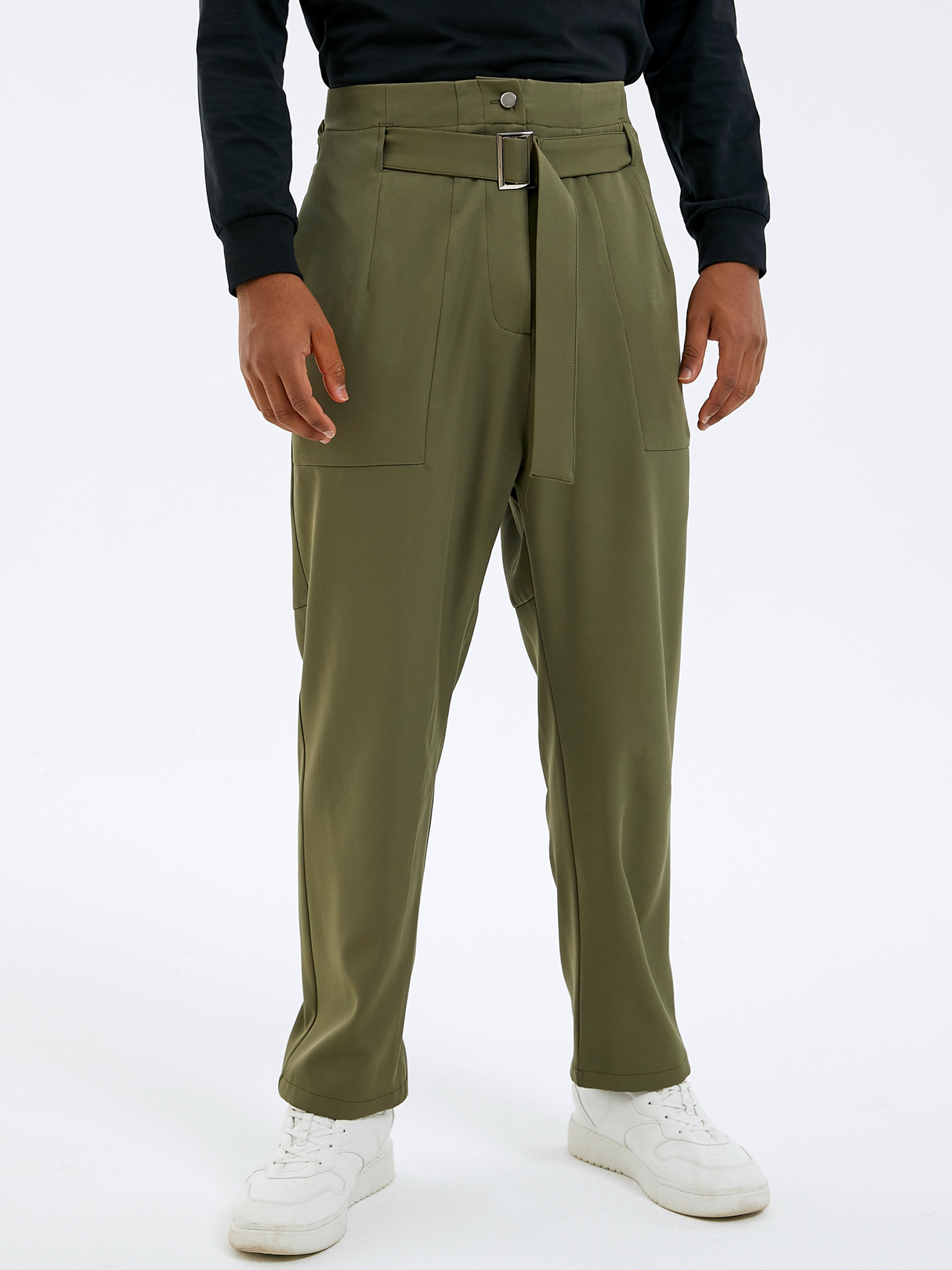 Men Retro Belt Design Button Front High Waist Casual Pants