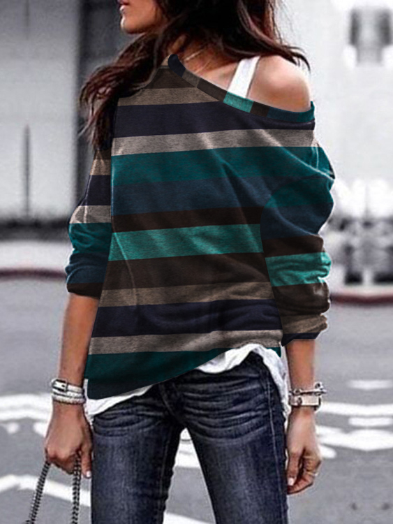 Blue Striped One Shoulder Long Sleeves Sweatshirt