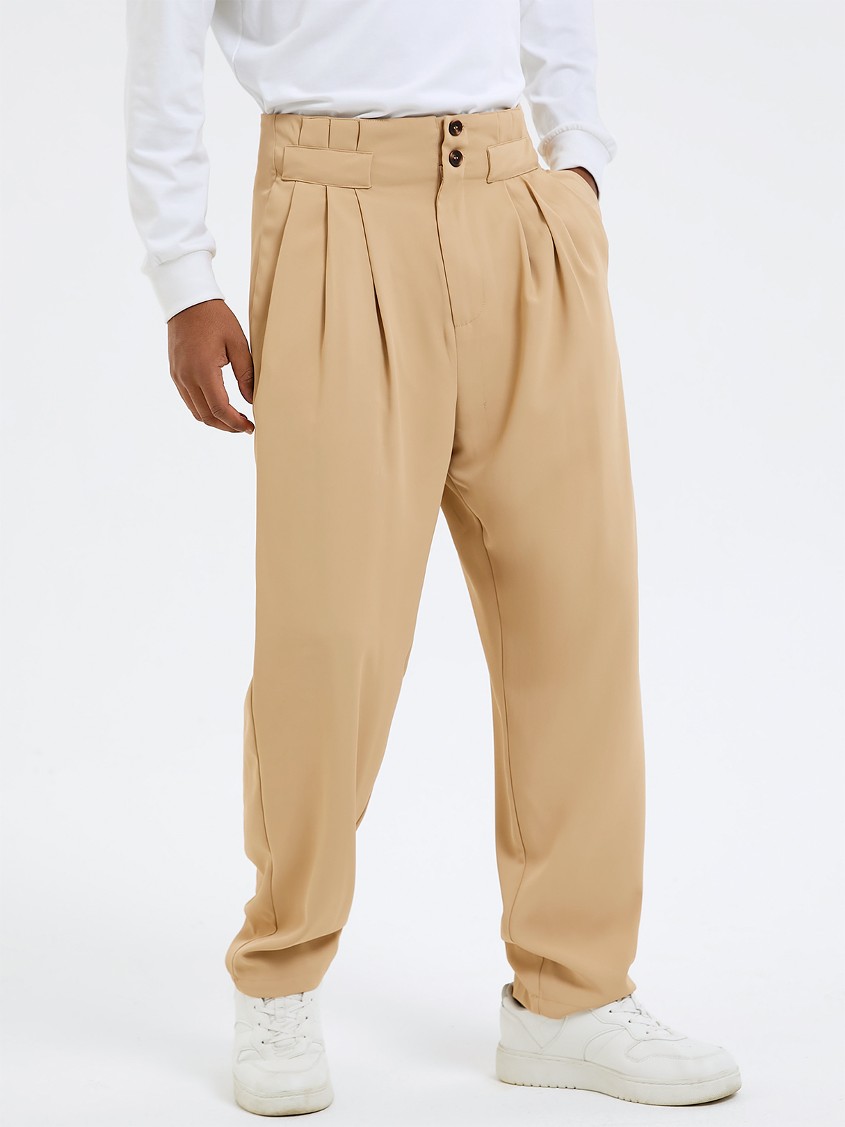 Men Fashion Pleated Design Button Front High Waist Casual Pants