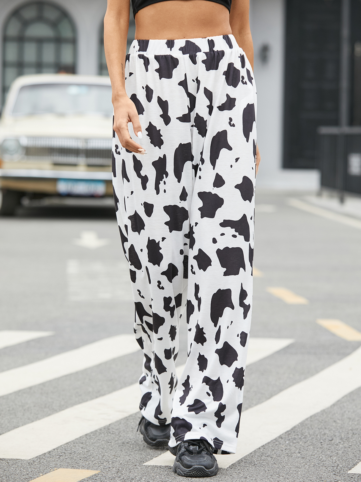YOINS White Cow Print Stretch Waistband Pants