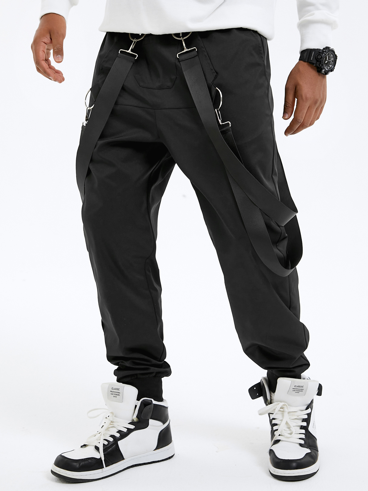Men Fashion Solid Color Ribbon Design Suspender Cargo Pants