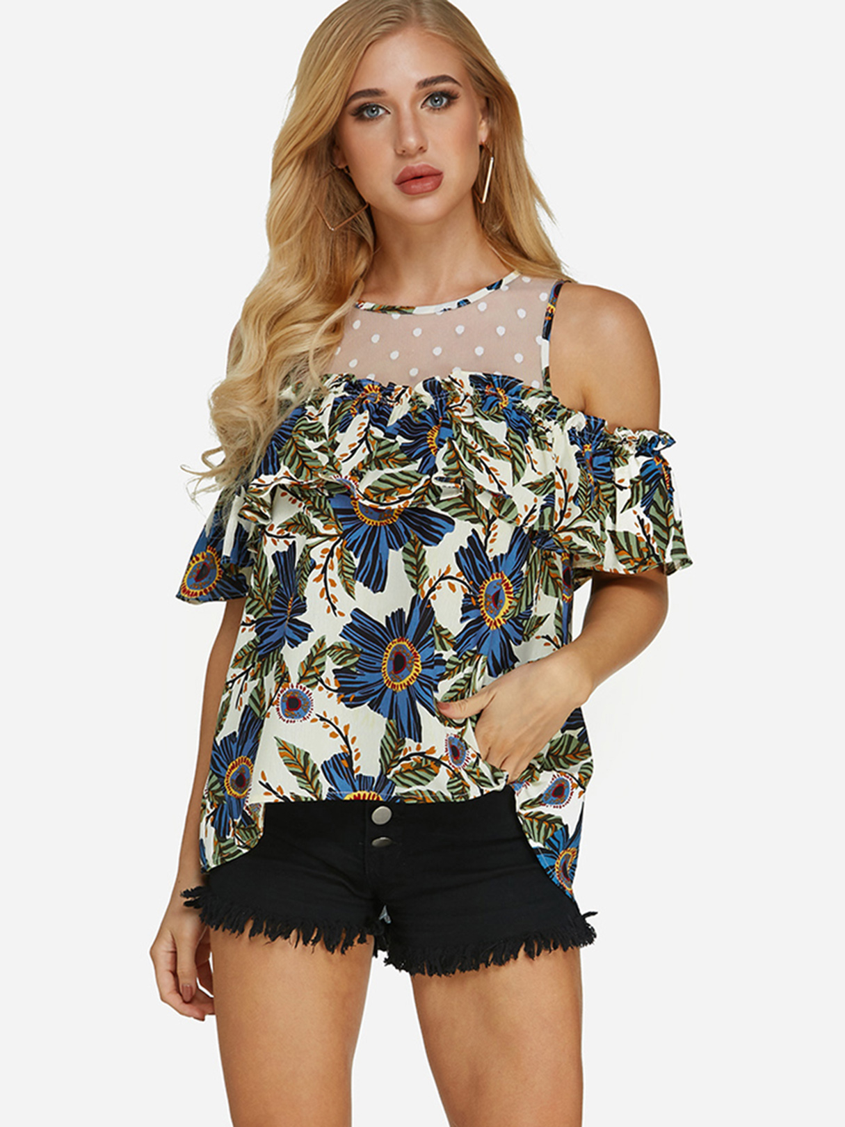 Net Yarn Random Floral Print Cold Shoulder Short Sleeves Blouses
