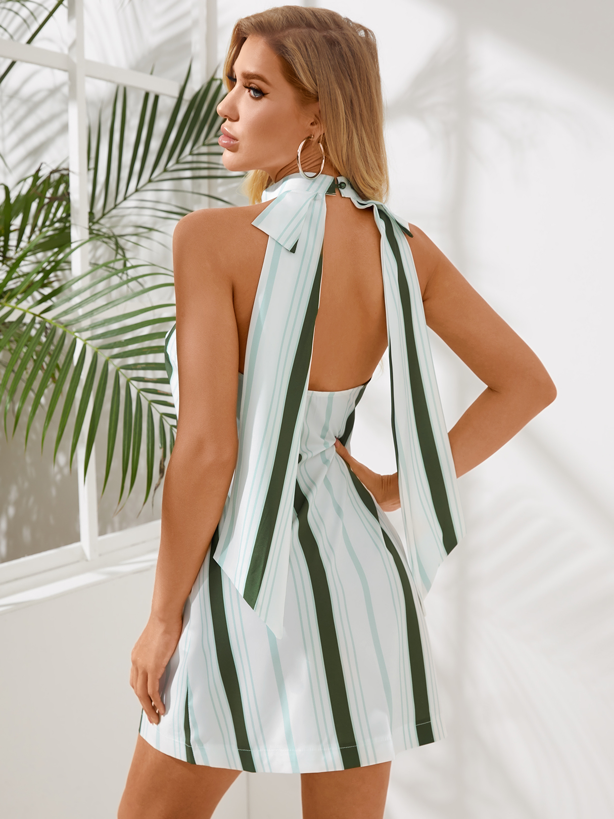Green Stripe Halter Neck Mini Dress