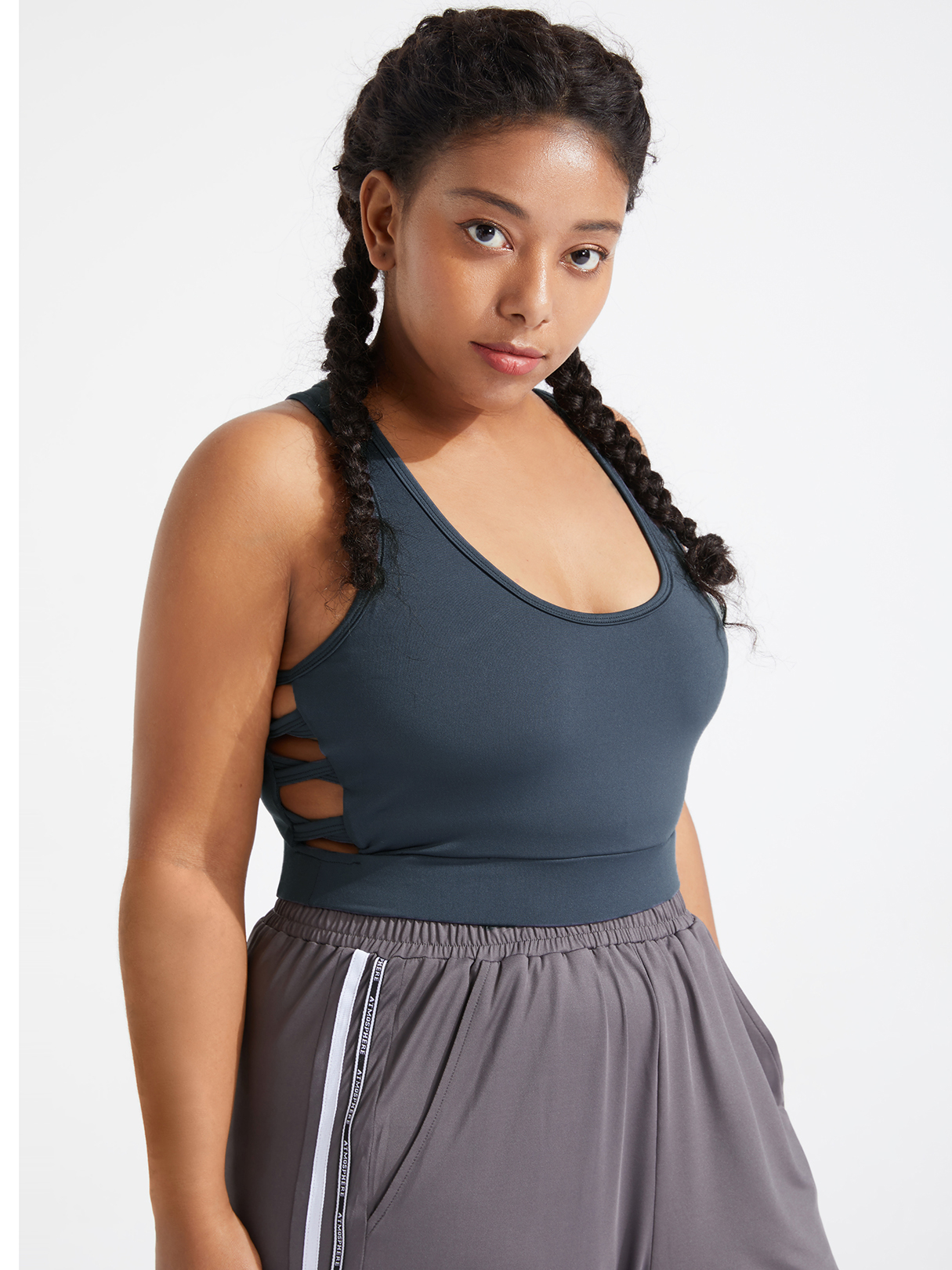 Plus Size Dark Grey Scoop Neck Criss-Cross Sleeveless Tank Top