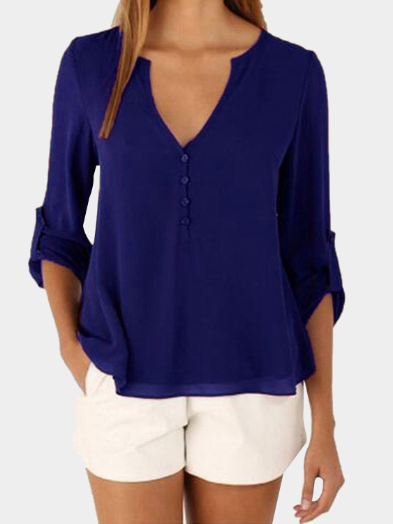 Dark Blue V-neck Long Sleeves Irregular Hem Top