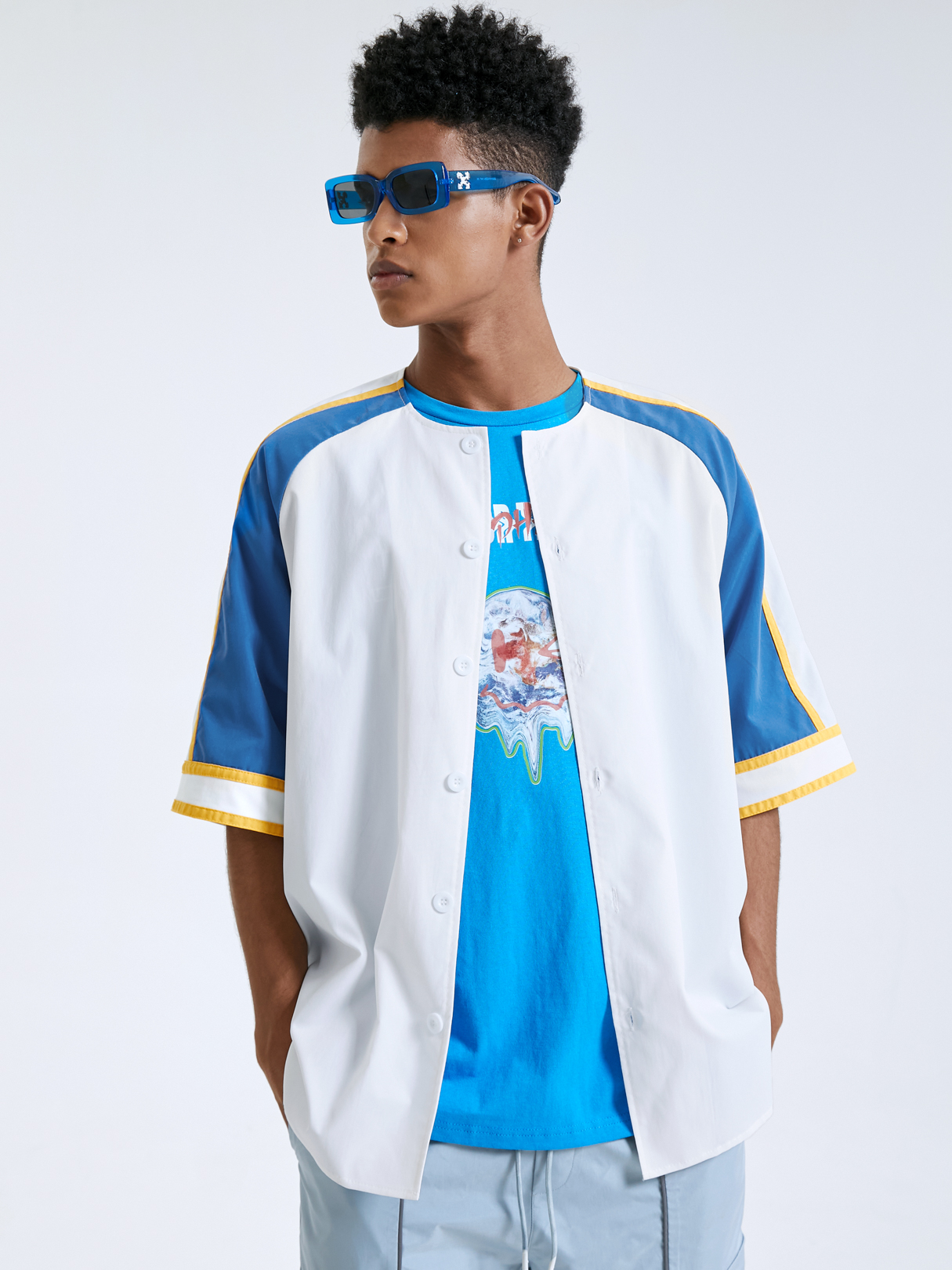 Men Color Block Baseball Collar Shirt