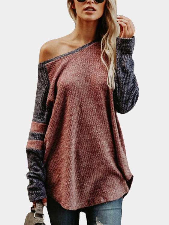 Rust Knitting Design Stripe Round Neck Long Sleeves T-shirts
