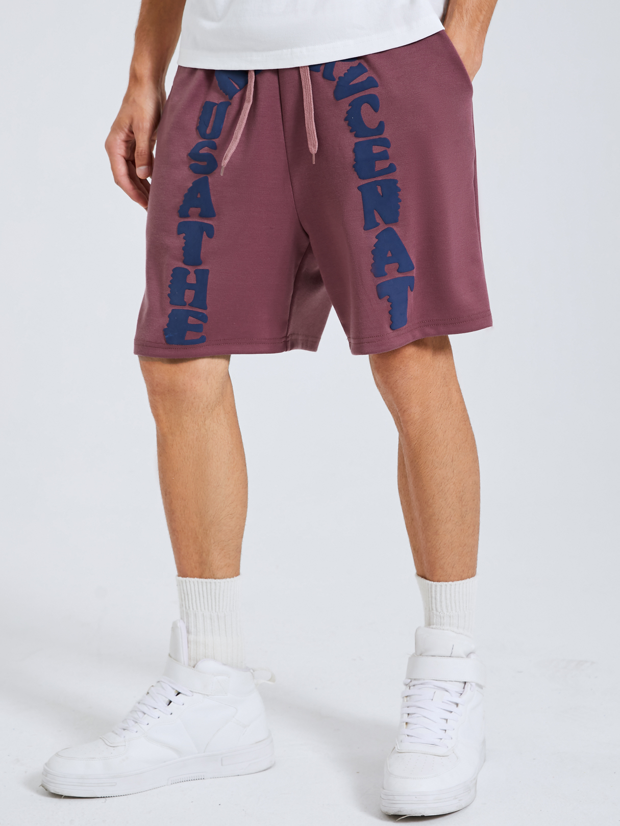 Men Summer Purple Letter Print Drawstring Waist Casual Shorts