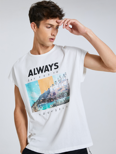 Men Landscape And Slogan Print Tank