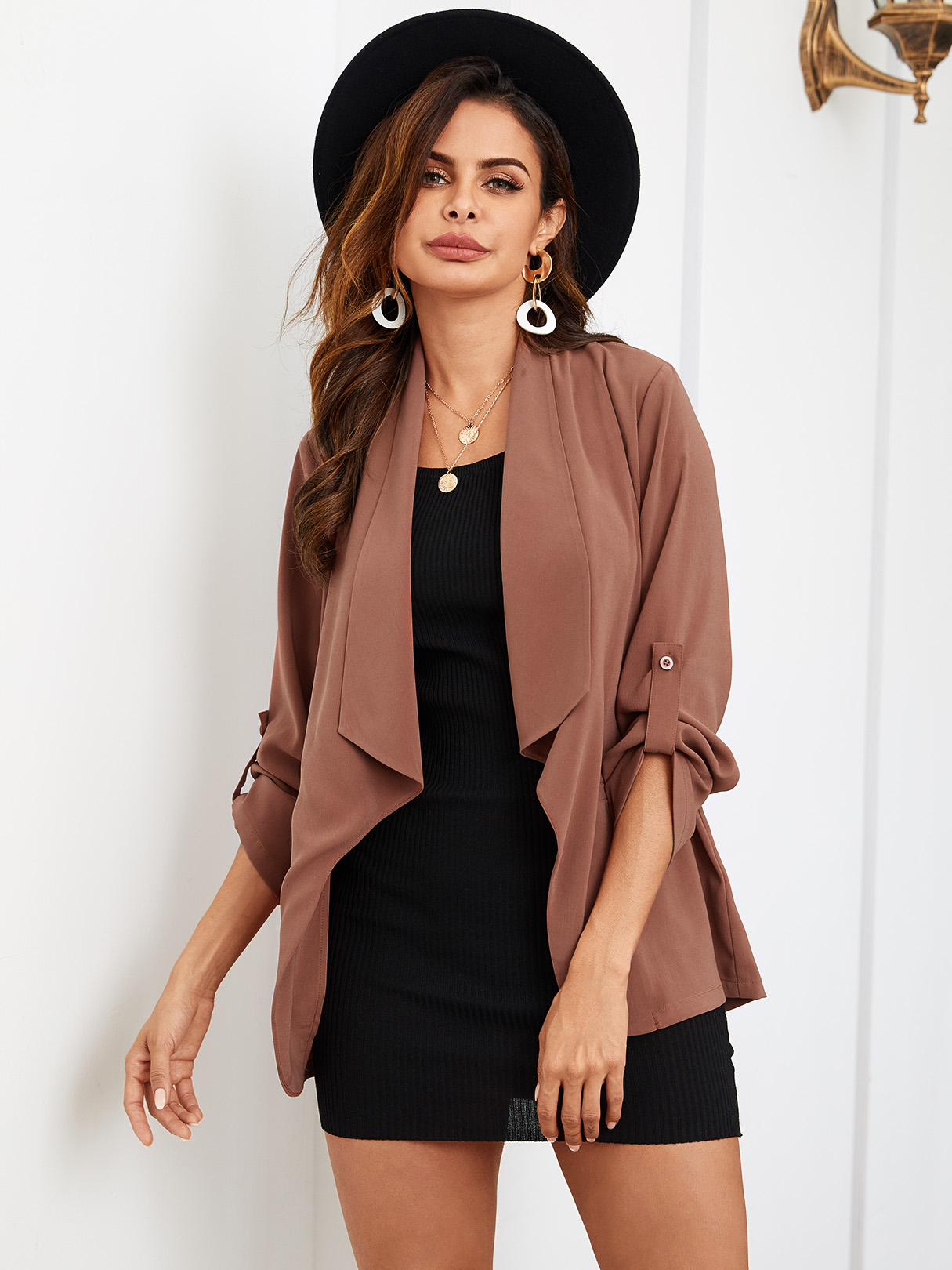YOINS Khaki Lapel Collar Long Sleeves Blazer