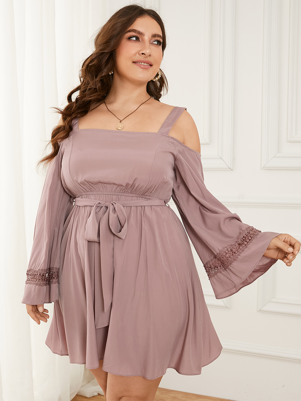 Plus Size Cold Shoulder Belt Design Backless Design Long Sleeves Dress