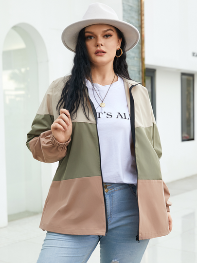 YOINS Plus Size Color Block Side Pocket Zip Design Long Sleeves Jacket