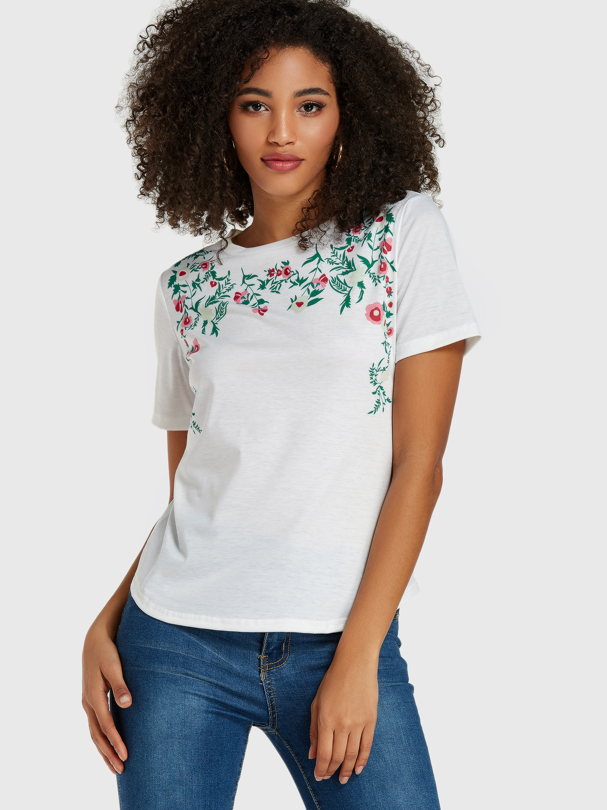 White Leaf Floral Print Round Neck Short Sleeves Tee