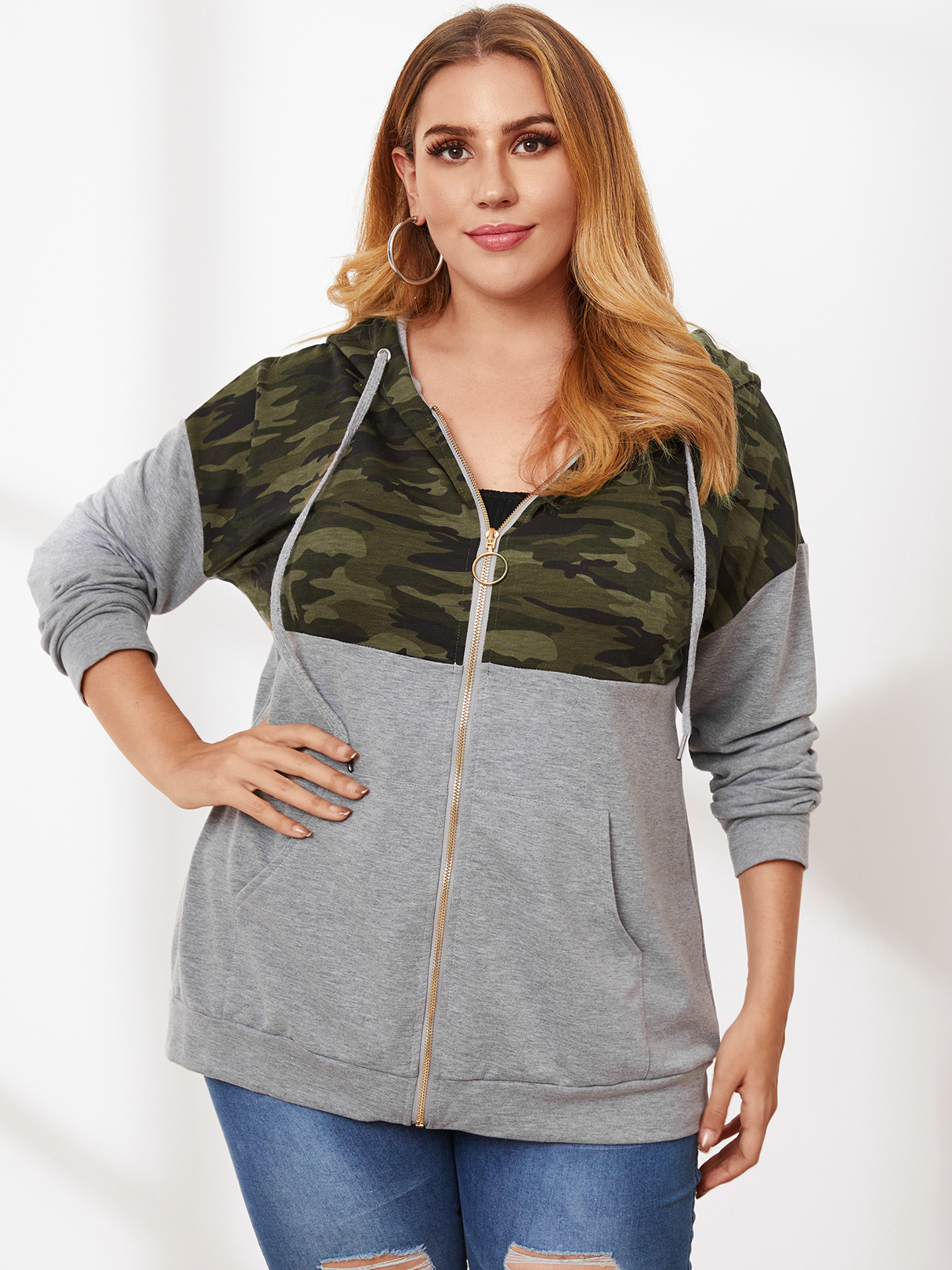 Plus Size Camo Side Pockets Zip Design Drawstring Hooded Design Coat