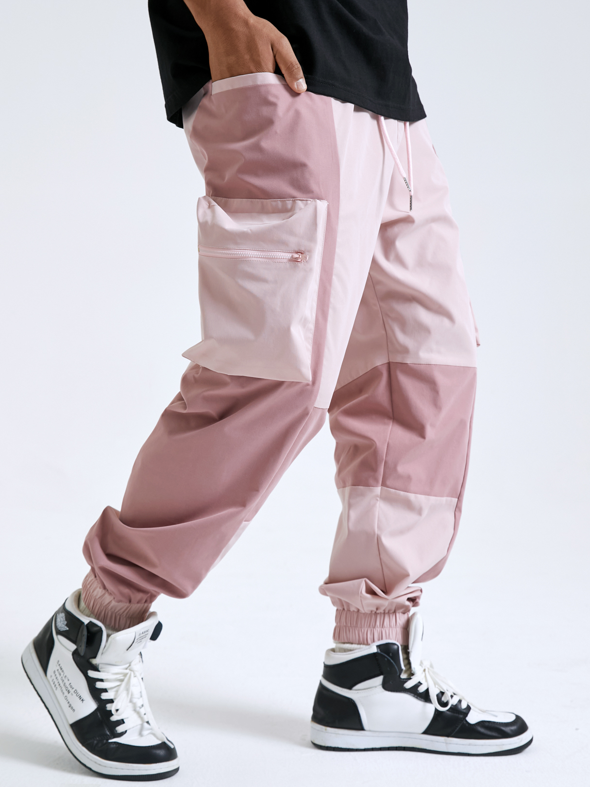 Men Fashion Color Block Patchwork Print Zip Pockets Cargo Pants