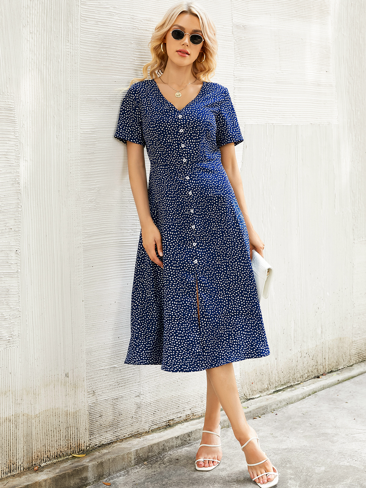 YOINS Navy V-neck Polka Dot Button Front Short Sleeves Midi Dress