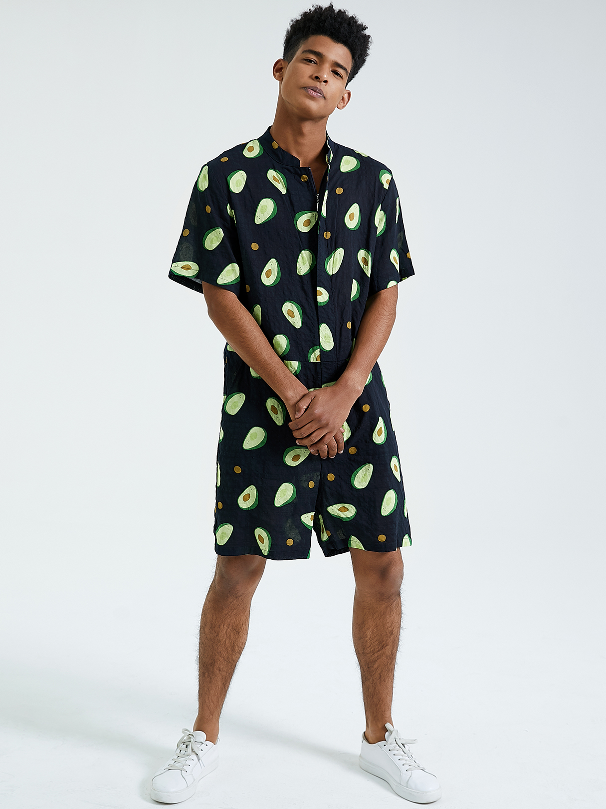 Men Summer Avocado Fruit Print Rompers Short Sleeve Beach Jumpsuit