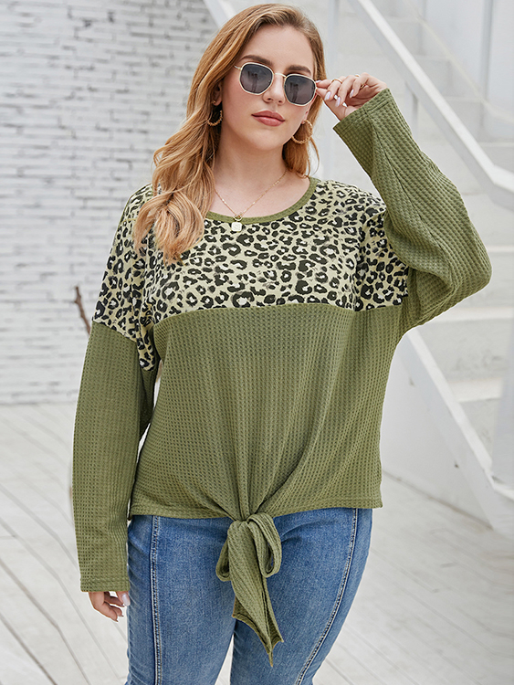 Plus Size Round Neck Leopard Patchwork Tie-up Dsign Long Sleeves Knitwear